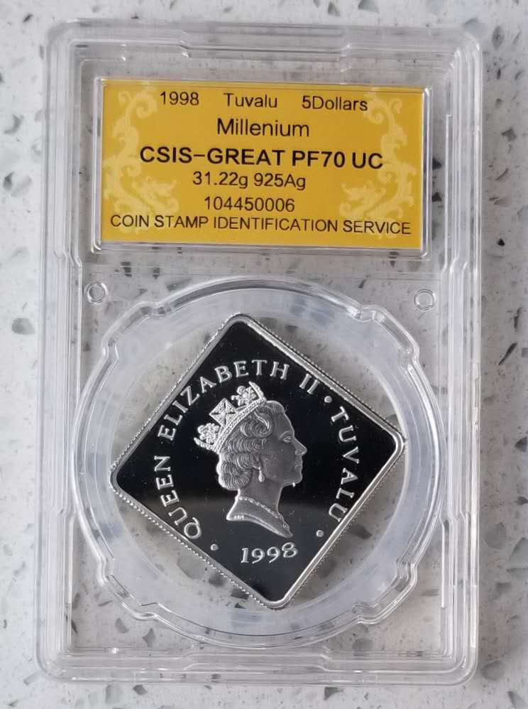 【币观天下】第六十九场拍卖 图瓦卢1998年千禧年“海螺”方形纪念银币
