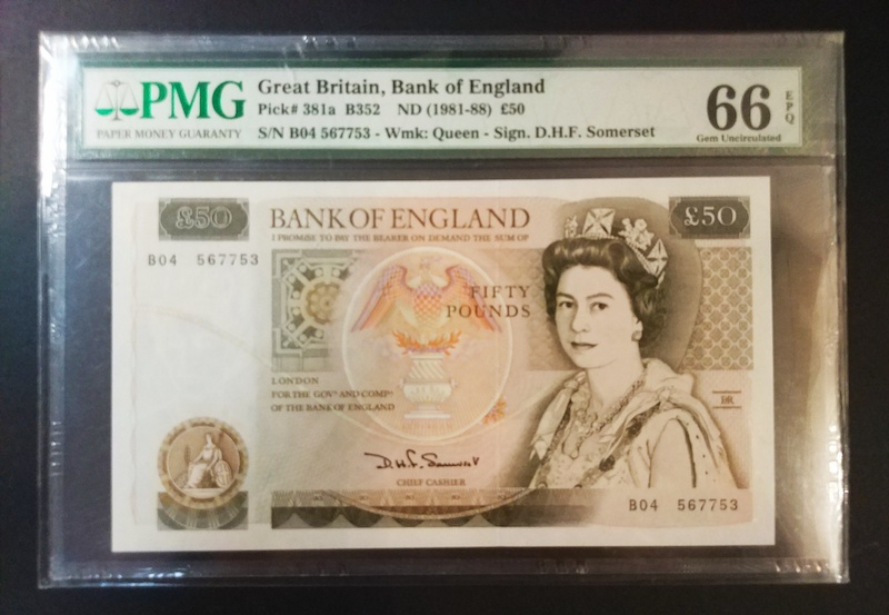 收藏联盟八十七期（国际儿童节为下一代珍藏）拍卖：） 英国D序列50镑 PMG66E S/N:B04 567753