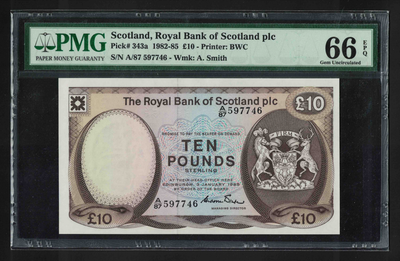 收藏联盟八十七期（国际儿童节为下一代珍藏）拍卖：） - 1985年苏格兰10镑 PMG66E S/N:A/87 597746