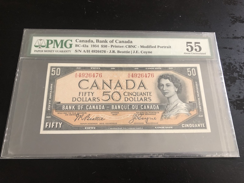 收藏联盟八十七期（国际儿童节为下一代珍藏）拍卖：） 1954年加拿大50加元 PMG55 S/N: A/H 4926476