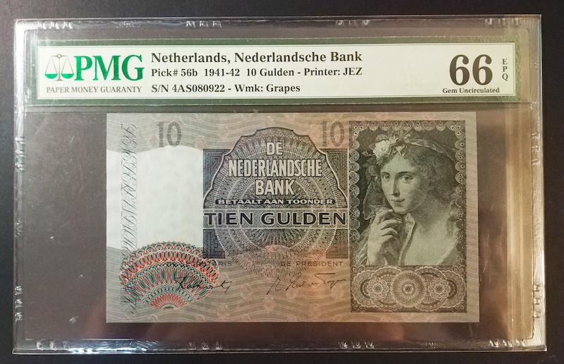 收藏联盟八十七期（国际儿童节为下一代珍藏）拍卖：） 1941年荷兰10盾 PMG66E亚军分 S/N:4AS080922
