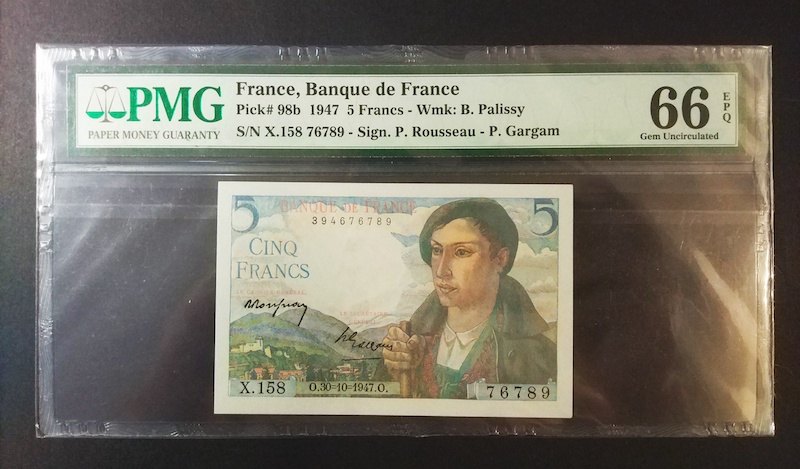 收藏联盟八十七期（国际儿童节为下一代珍藏）拍卖：） 法国1947年4法郎 PMG66E S/N:X.158 76789尾顺子号码 