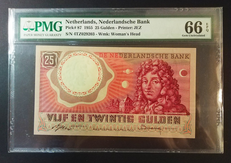 收藏联盟八十七期（国际儿童节为下一代珍藏）拍卖：） 1955年荷兰25盾 PMG66E S/N:4TZ029203