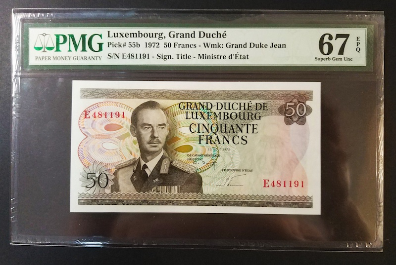 收藏联盟八十七期（国际儿童节为下一代珍藏）拍卖：） 1972年卢森堡50法郎 PMG67E S/N:E481191