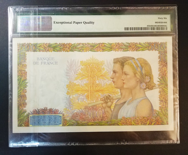 收藏联盟八十七期（国际儿童节为下一代珍藏）拍卖：） 1942年法国500法郎 PMG66E S/N:B.5579302