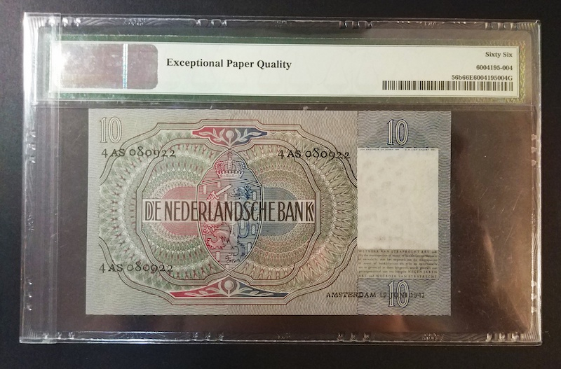 收藏联盟八十七期（国际儿童节为下一代珍藏）拍卖：） 1941年荷兰10盾 PMG66E亚军分 S/N:4AS080922