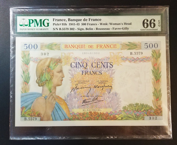 收藏联盟八十七期（国际儿童节为下一代珍藏）拍卖：） 1942年法国500法郎 PMG66E S/N:B.5579302