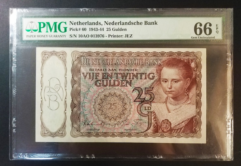 收藏联盟八十七期（国际儿童节为下一代珍藏）拍卖：） 1944年荷兰25盾 PMG66E S/N:10AO 013976 冠军分
