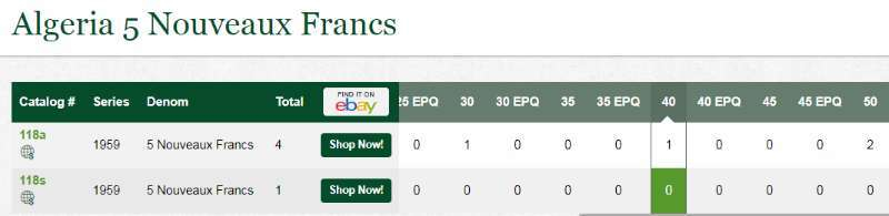 收藏联盟八十七期（国际儿童节为下一代珍藏）拍卖：） 1959年阿尔及利亚5新法郎 PMG50冠军分 S/N:E.194134