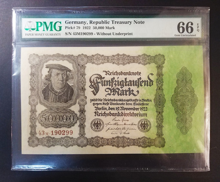 收藏联盟八十七期（国际儿童节为下一代珍藏）拍卖：） 1922年德国共和债券5万马克 PMG66E冠军分