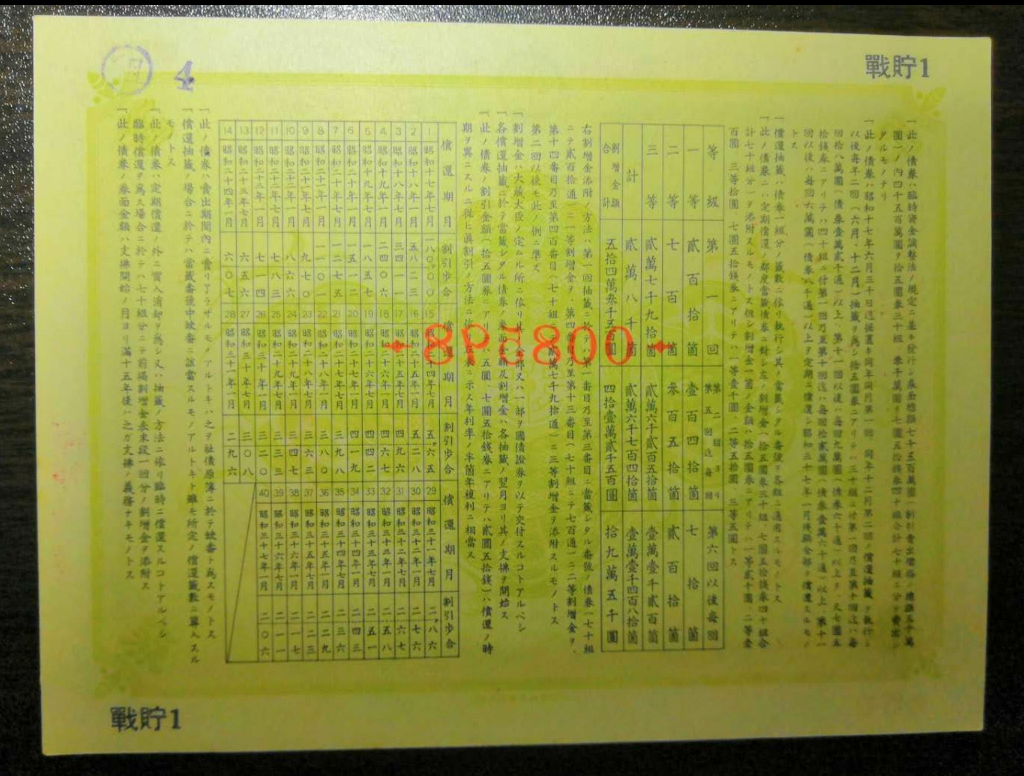 【鲸贝乐淘】千字文·第藏号拍卖 【战貯1】大东亚战争战时储蓄债券 昭和17年2月。日本劝业银行战争公债储蓄债券金15元第1回。加盖组四，劝业银行已登记章 