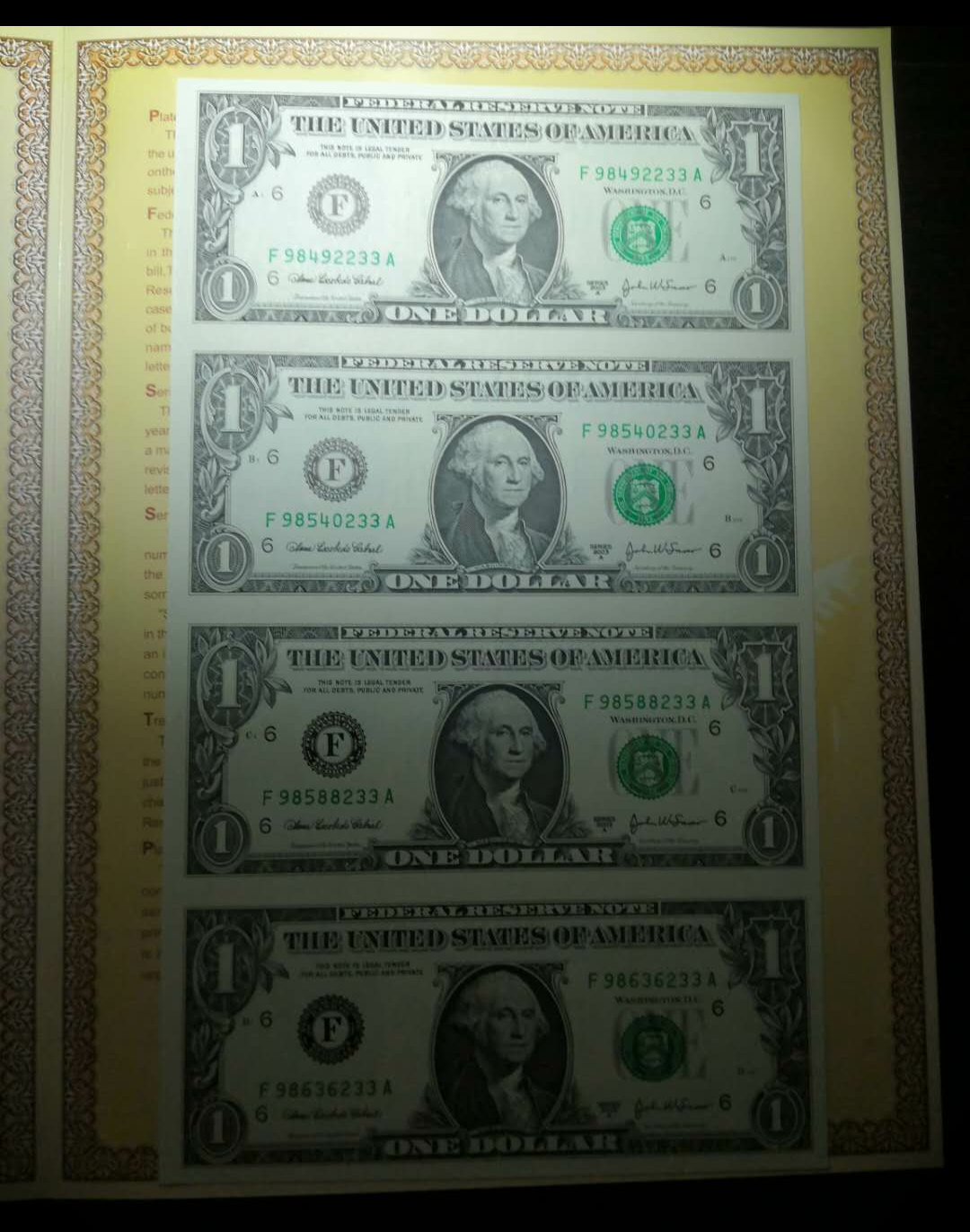 【鲸贝乐淘】千字文·第藏号拍卖 【连体美元】2003年。美金1元四连体。早期原册。