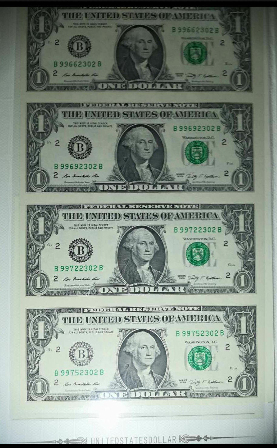 【鲸贝乐淘】千字文·第藏号拍卖 【连体美元】2009年。美金1元四连体。票福裁切小错误。偏大