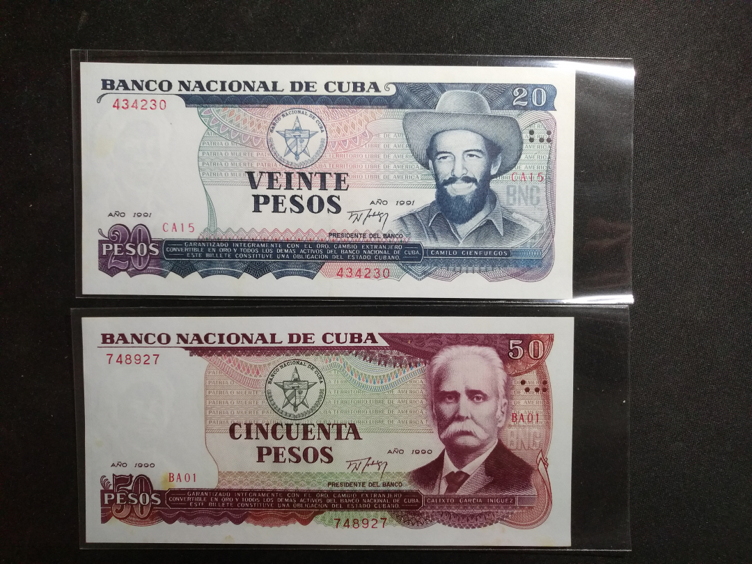 【鲸贝乐淘】千字文·第藏号拍卖 【中国代印】1990年古巴50元和1991年古巴20元，全新有黄斑，50元为早期错版，字母N上漏音标~