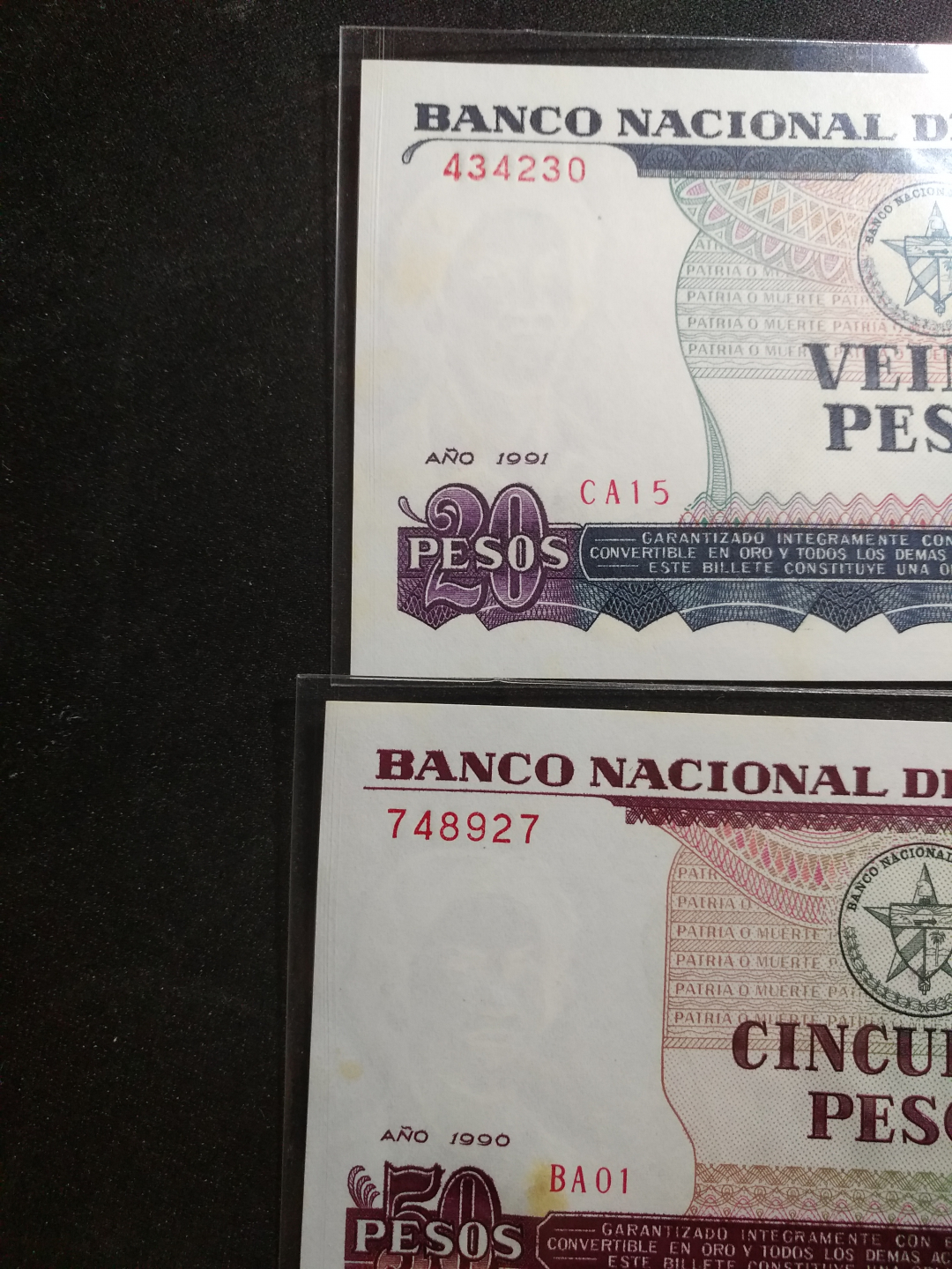 【鲸贝乐淘】千字文·第藏号拍卖 【中国代印】1990年古巴50元和1991年古巴20元，全新有黄斑，50元为早期错版，字母N上漏音标~