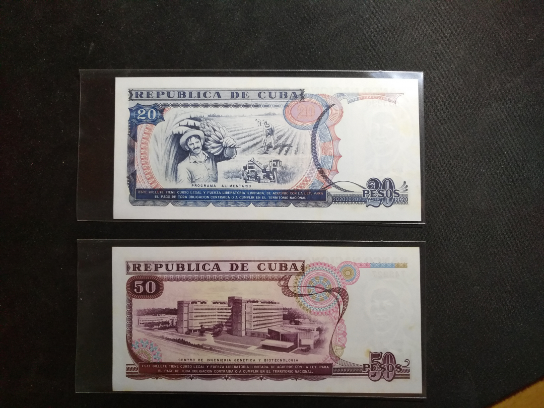 【鲸贝乐淘】千字文·第藏号拍卖 【中国代印】1990年古巴50元和1991年古巴20元，全新有黄斑，50元为早期错版，字母N上漏音标~