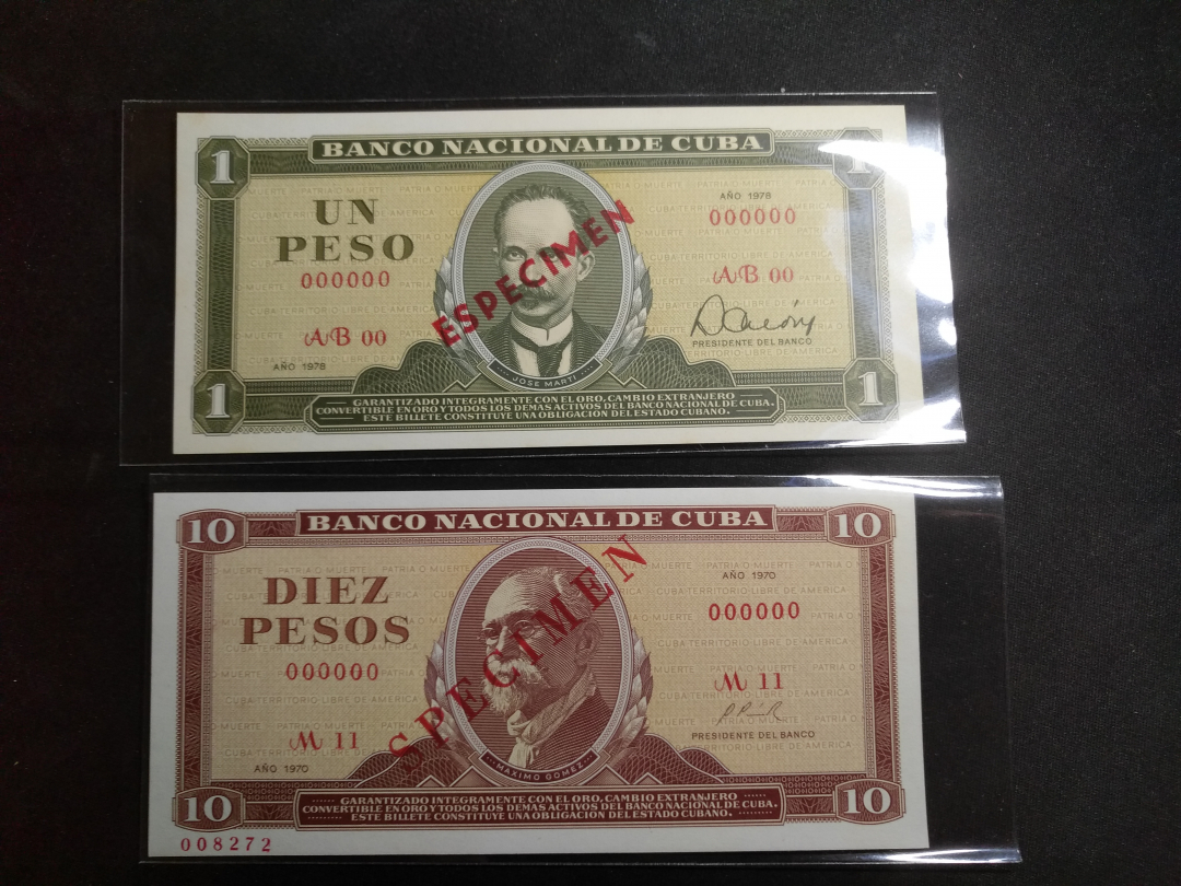 【鲸贝乐淘】千字文·第藏号拍卖 【古巴】1978年1元和1970年10元，票样样币，全新品相，图案精美，当地气候原因略有微微黄