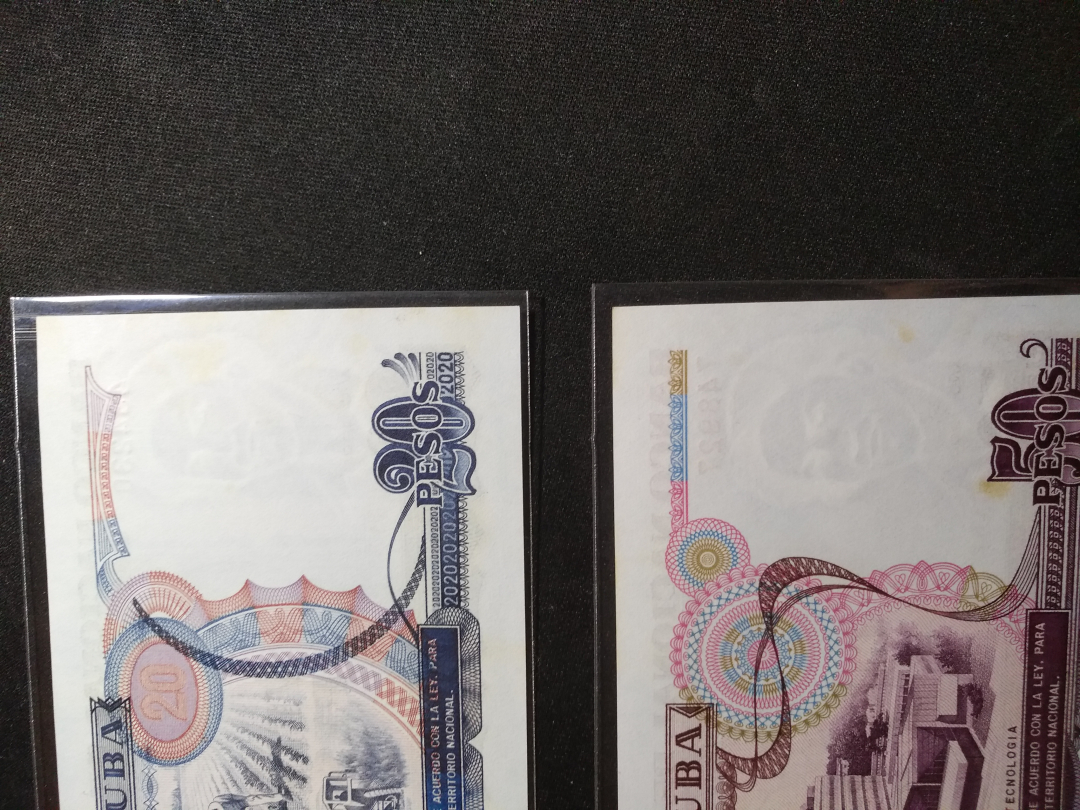 【鲸贝乐淘】千字文·第藏号拍卖 【中国代印】1990年古巴50元和1991年古巴20元，全新有黄斑，50元为早期错版，字母N上漏音标~