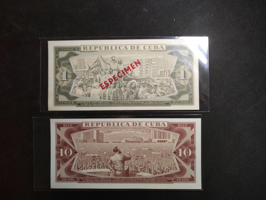 【鲸贝乐淘】千字文·第藏号拍卖 【古巴】1978年1元和1970年10元，票样样币，全新品相，图案精美，当地气候原因略有微微黄