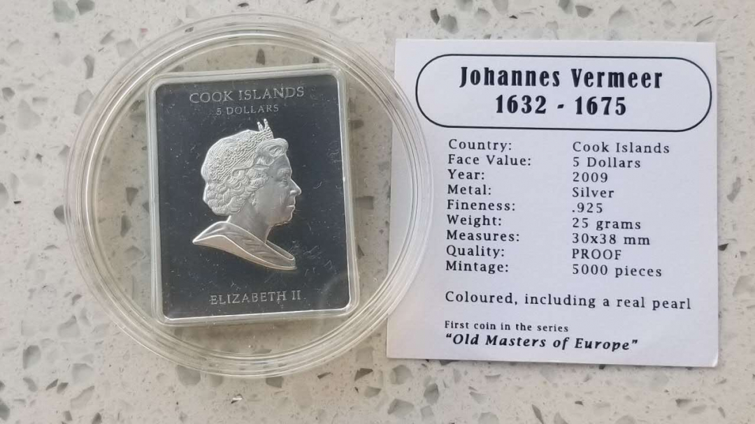 【币观天下】第七十期拍卖 【库克】2009年名画耳环少女镶嵌银币25克镶嵌珍珠实体