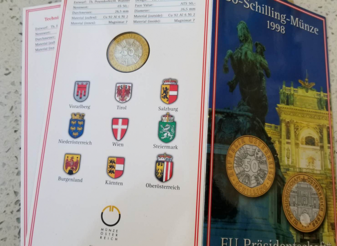 【币观天下】第七十期拍卖 【奥地利】克劳斯获奖币两枚!奥地利1998年欧盟轮值主席国和1999年欧元区货币50先令双金属币两枚