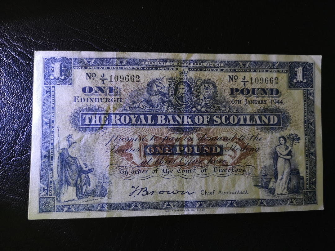 《外钞收藏家》第六十九期拍卖 苏格兰早期1944年1镑 vf-au品相 如图