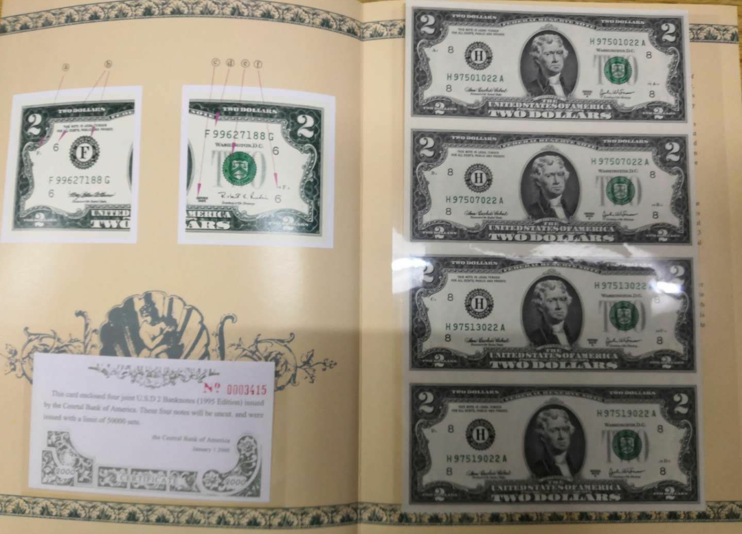 【鲸贝乐淘】千字文·第闰号拍卖 【美元】早期2美金。4连体带原册。2003年版 。顶部裁切小错误。小福耳。