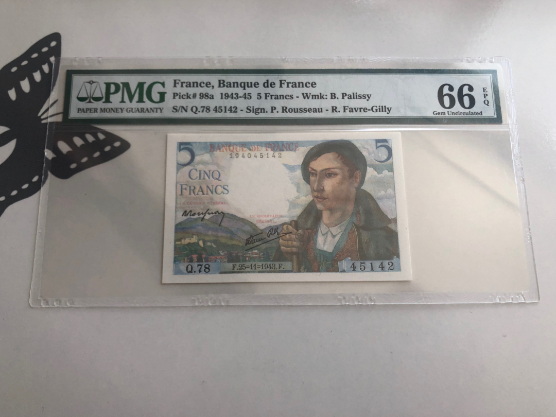 收藏联盟第八十八期拍卖 1943-45年 法国5法郎 PMG66E