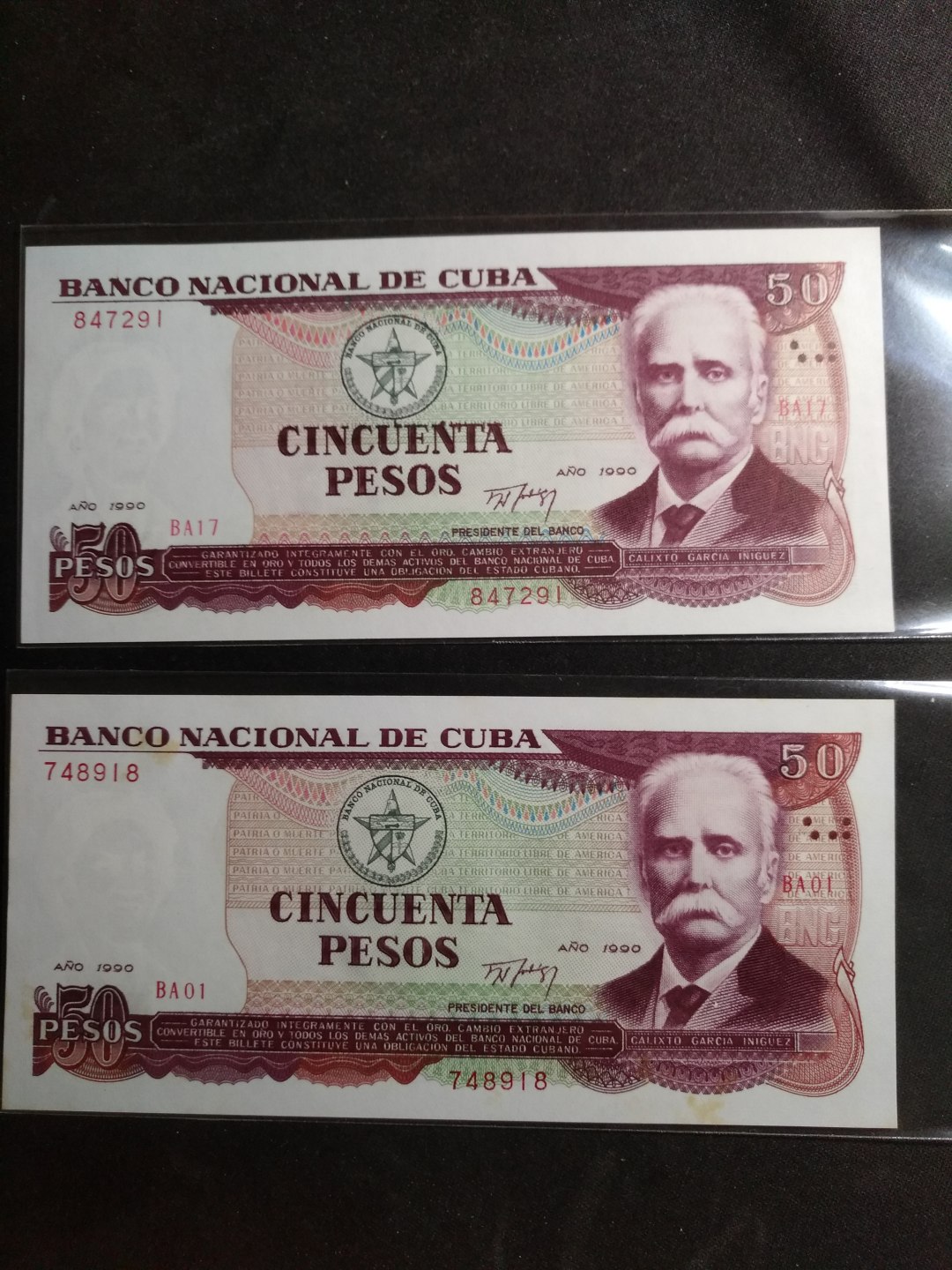 【鲸贝乐淘】千字文·第闰号拍卖 【中国代印】1990-91版古巴全套，AUNC ，有黄斑，50元对错两种版本，全套难得