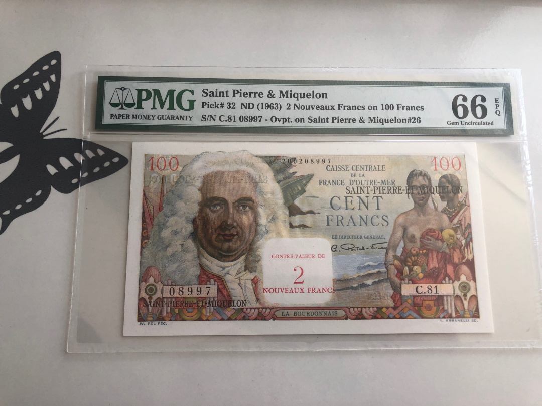 收藏联盟第八十八期拍卖 1963年圣皮儿和密克隆群岛100法郎 加盖2新法 PMG66E