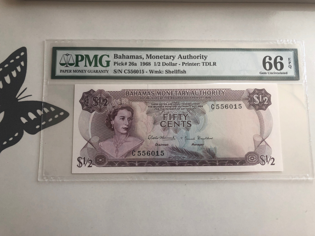 收藏联盟第八十八期拍卖 1968年巴哈马1/2元 彩背版PMG66E