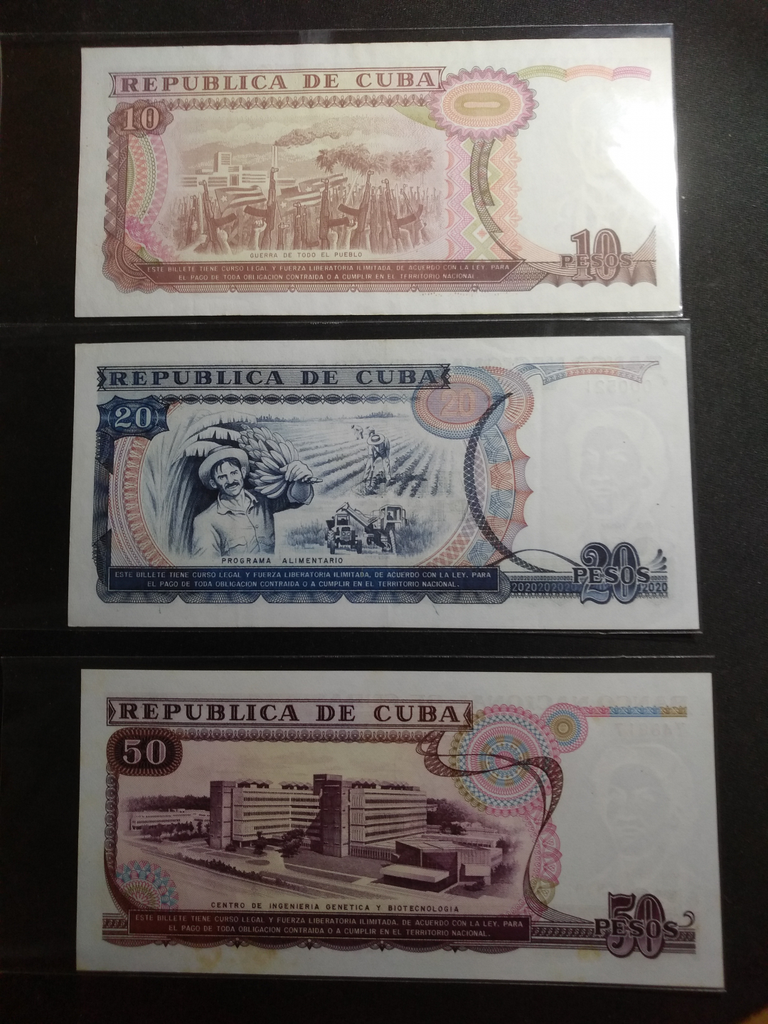 【鲸贝乐淘】千字文·第余号拍卖·上海钱币博览会专场 【中国代印】1990-1991年古巴10-50比索，AUNC ，10.20有小折痕，50比索有黄斑，50比索为错版，人名字母N上满未加~图标