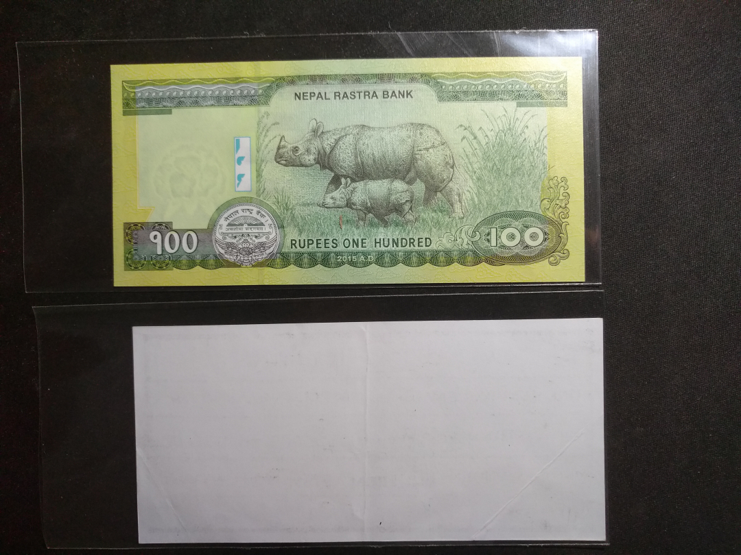 【鲸贝乐淘】千字文·第成号拍卖·上海钱币博览会专场 【中国代印】2015年尼泊尔100元全新全品UNC +一张捆签带中文，证明中国代印