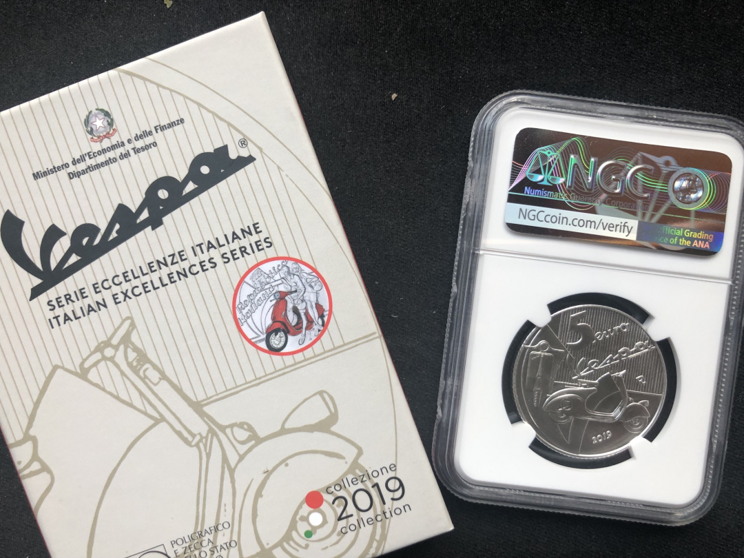 【随心拍】现代金银币拍卖-第二十二期-上海钱币博览会热场 意大利 2019年 5欧元 纪念银币 卓越系列 韦士柏比亚乔红款摩托车