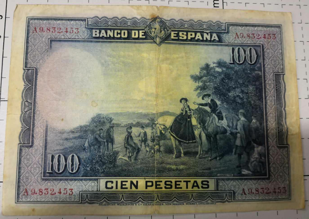 【鲸贝乐淘】千字文·第余号拍卖·上海钱币博览会专场 西班牙1928年老版100比塞塔纸币外国纸币 好品