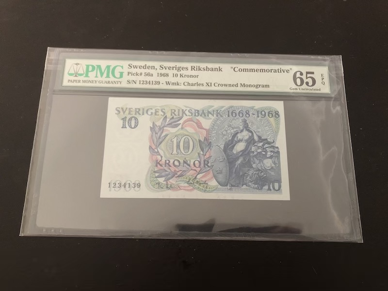收藏联盟第八十九期拍卖 1968年瑞典10克朗纪念钞 PMG65E