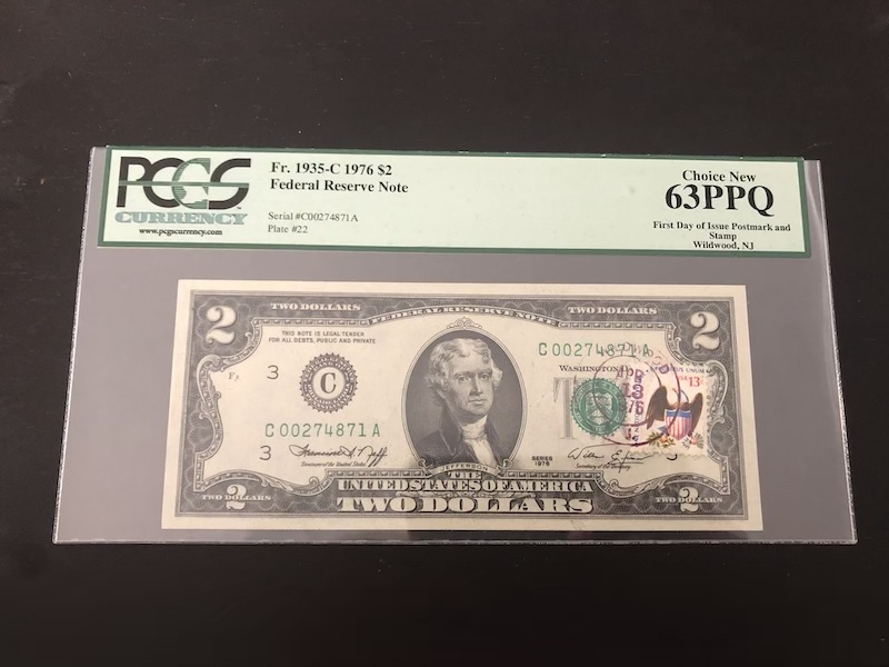 收藏联盟第八十九期拍卖 美国独立宣言200周年2美金1976年 加邮票首日戳 PCGS63PPQ