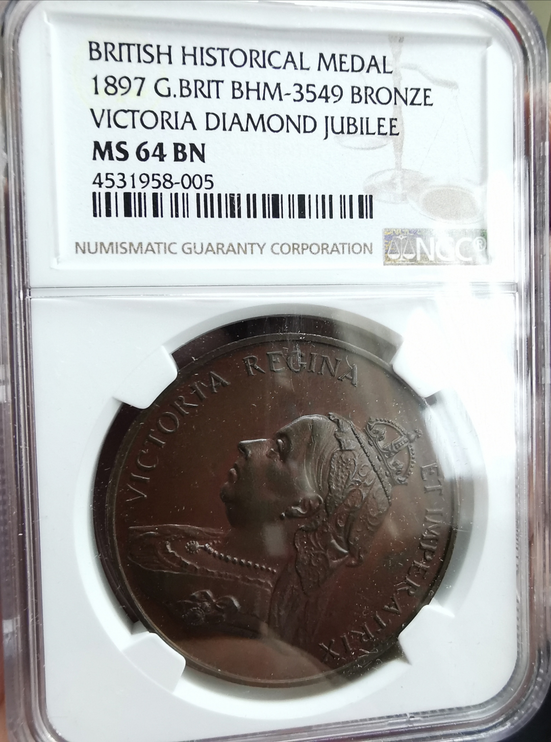 凡希社世界钱币微拍卖第九十一期 1897英国维多利亚加冕六十周年纪念铜章NGC-MS64