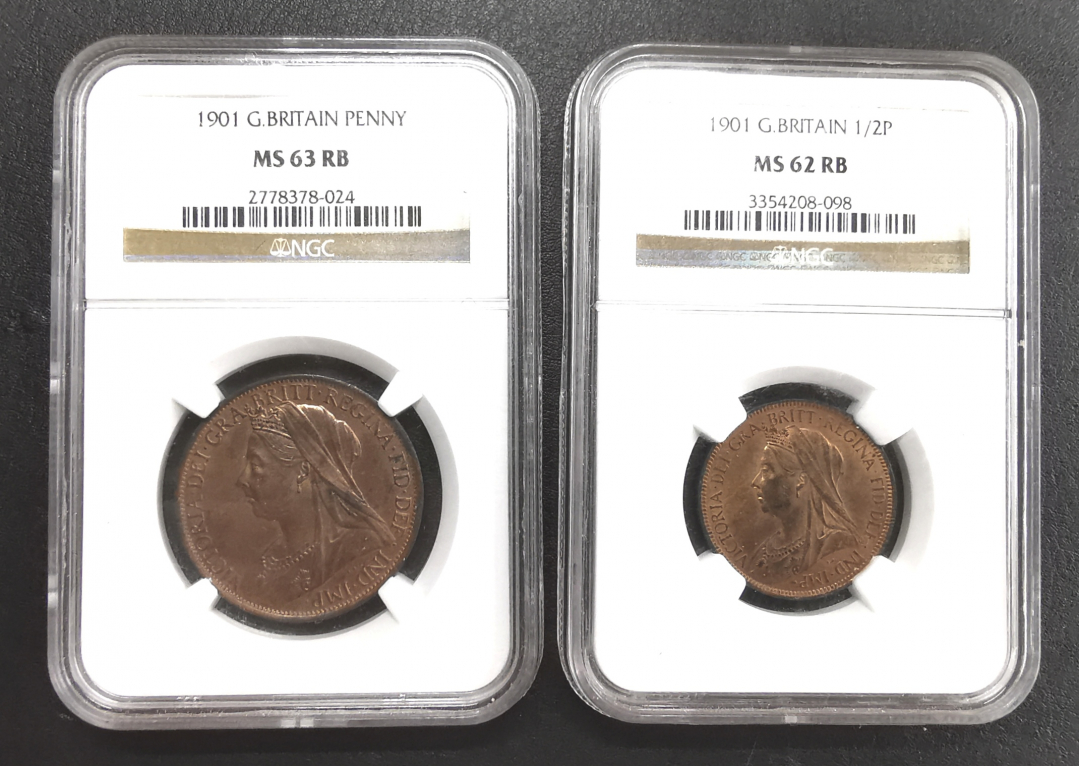 凡希社世界钱币微拍卖第九十一期 1901英国老维便士半便一对NGC-MS62/63