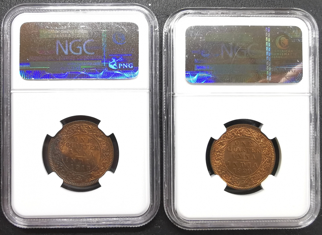 凡希社世界钱币微拍卖第九十一期 1913/29英属印度乔五1/4安那NGC-MS63/64