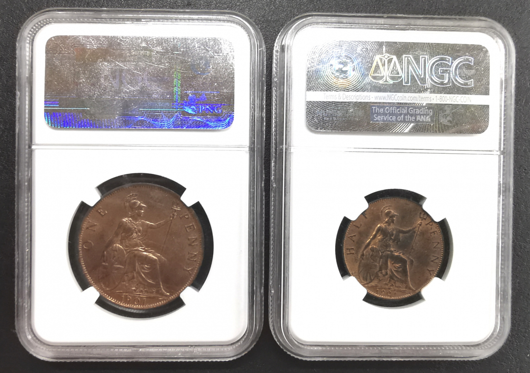 凡希社世界钱币微拍卖第九十一期 1901英国老维便士半便一对NGC-MS62/63