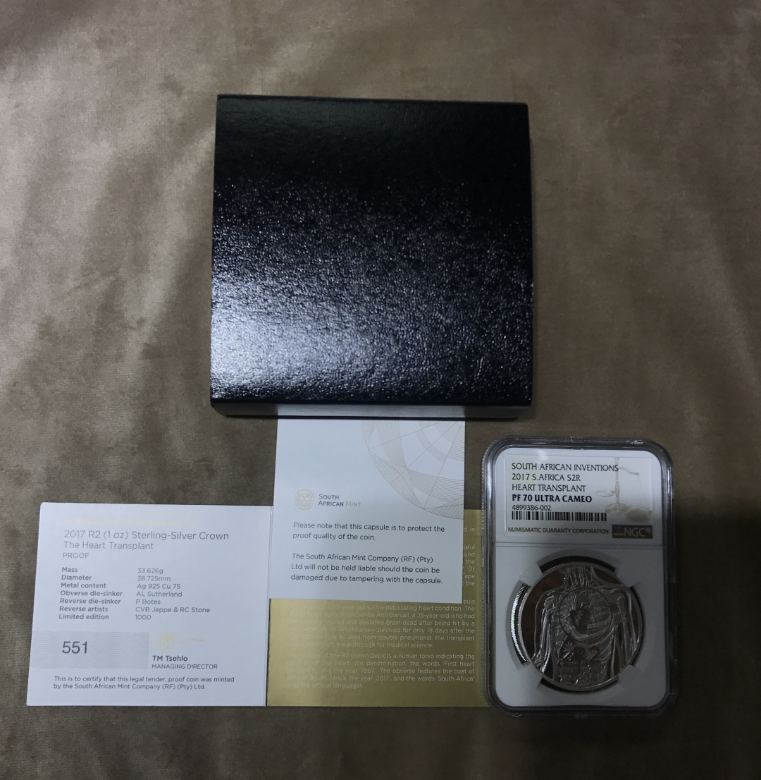 【随心拍&GetCoin】现代金银币拍卖第二十三期 2017年南非心脏移植手术成功50周年评级银币.获奖币.NGC 70分