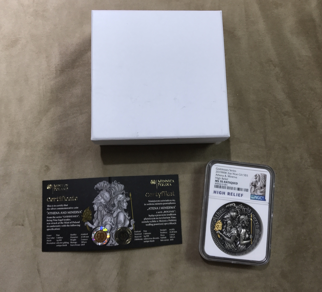 【随心拍&GetCoin】现代金银币拍卖第二十三期 纽埃2019年胜利女神系列2高浮雕2盎司镀金纪念银币NGC70