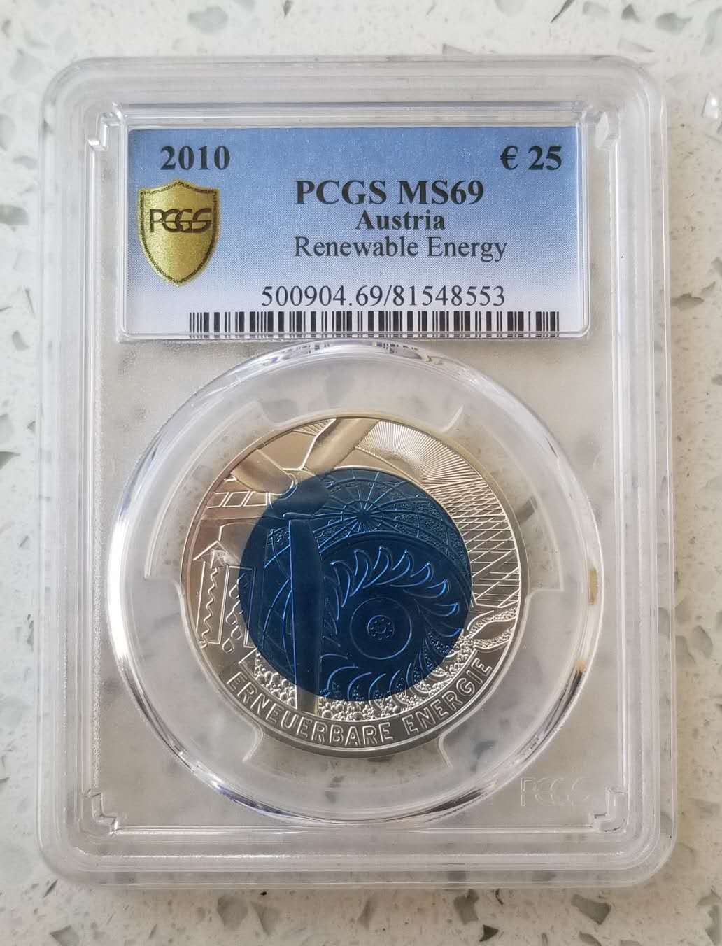 【随心拍&GetCoin】现代金银币拍卖第二十三期 奥地利2010年再生能源蓝色铌金属镶嵌银铌双金属币PCGS69