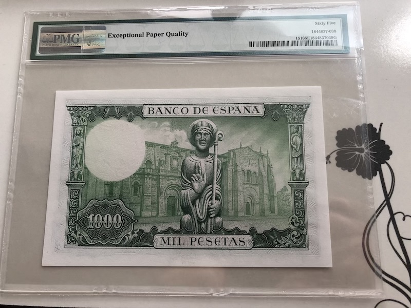 收藏联盟第九十期拍卖 1965年西班牙1000比塞塔 PMG65E