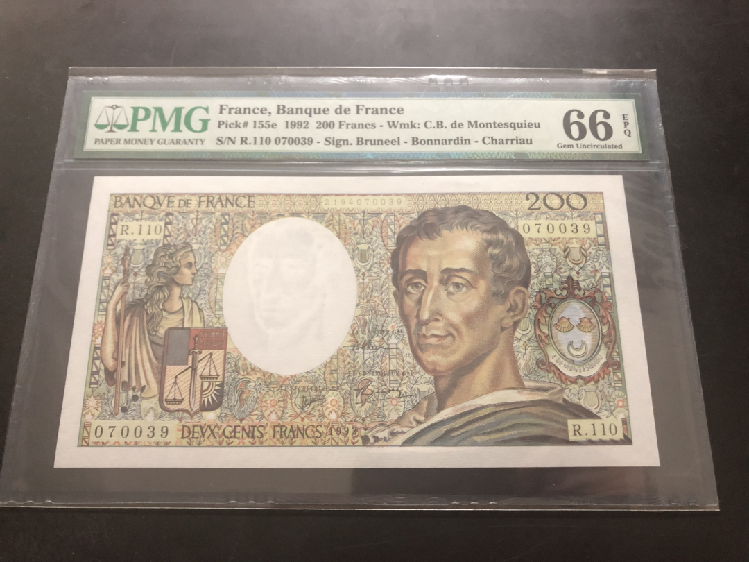 收藏联盟第九十期拍卖 1992年法国200法郎孟德斯鸠 PMG66E