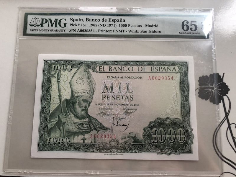 收藏联盟第九十期拍卖 1965年西班牙1000比塞塔 PMG65E