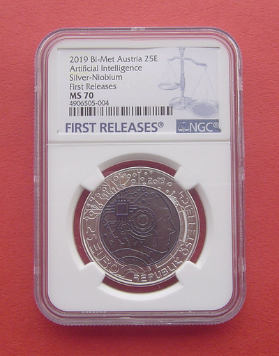 「S&S Numismatic世界钱币-拍卖第24期」 - 奥地利2019年 人工智能 25欧元银+铌双色纪念币 NGC MS70 有盒证