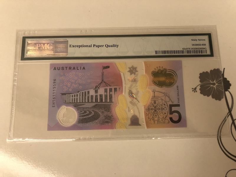 收藏联盟第九十一期拍卖 2016年澳大利亚5元 PMG67E S/N:EH161115596