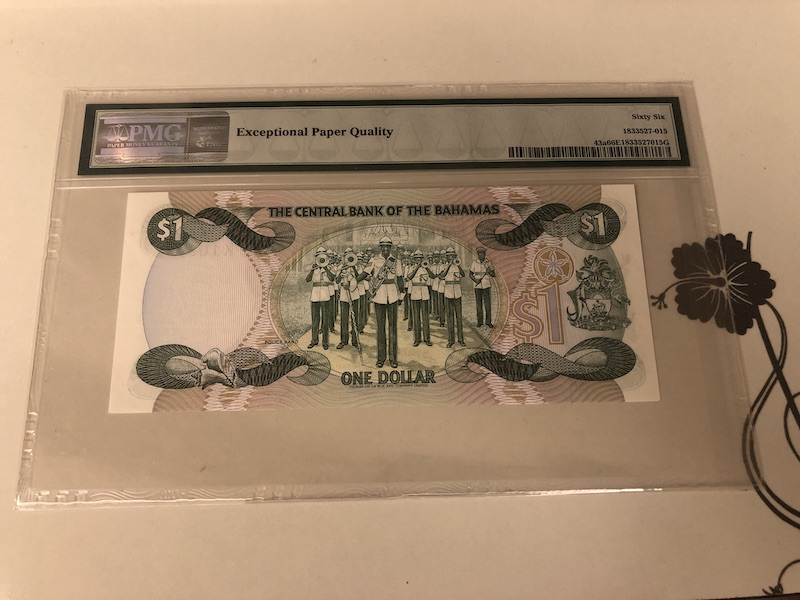 收藏联盟第九十一期拍卖 1974年巴哈马1元 PMG66E S/N:K109698